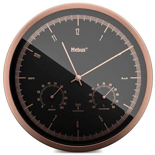 Mebus Orologio da parete radio TinyTime con termoigrometro | senza ticchettio | 25 cm | quadrante nero | cassa color rame | 1978