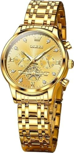 OLEVS Dam kvartsur lyxig vardaglig klänning eleganta armbandsur två toner klockor i rostfritt stål med blå svart vit urtavla diamant vattentät lysande damklocka, 2897: Alla guldklockor för kvinnor