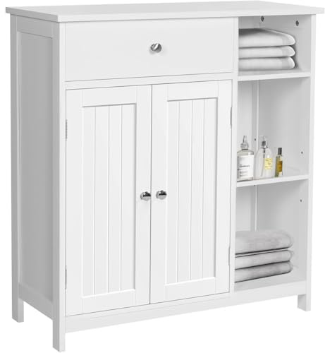 Shally Dogan Mobile da Bagno Autoportante in Legno Bianco con 2 Ante 1 Cassetto e 3 Ripiani Esterni, Armadietto da Terra Multiuso Salvaspazio, Mobiletto 75 x 30 x 80 cm Soggiorno, Cucina, Ufficio