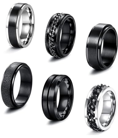 KALVICA 6 Pcs Fidget Spinner Ring Set for Men Stainless Steel Waterproof