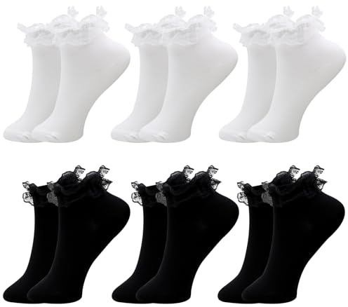 VEGCOO 6 Pairs de Chaussettes à Volants pour Femme, Chaussettes de Ballet à Volants Noires et Blanches en Coton pour Femmes Filles les Pieds de Tailles 34-39