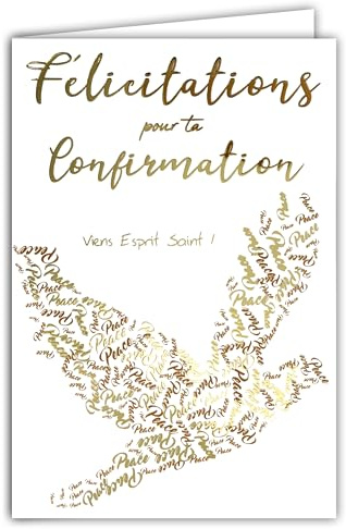 68-6503 - Biglietto congratulazioni per la tua conferma uomo donna cristiana cattolica vieni Spirito Santo Colomba della Pace in oro dorato, con busta bianca, formato 12 x 17,5 cm, prodotto in Francia