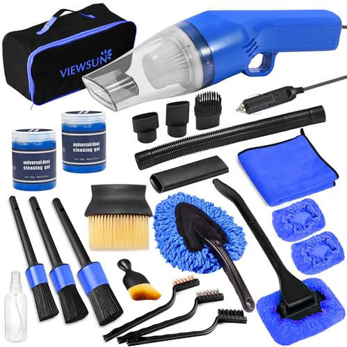 Viewsun 18PCS Car Cleaning Kit, Car Interior Detailing Kit with Blue High Power Handheld Vacuum, Detailing Brush Set, Windshield Cleaner, Cleaning Gel, Complete Auto Accessories for Men, Women