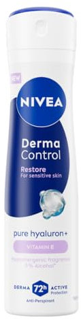 NIVEA Deodorante Spray Derma Control Restore 150 ml, Deodorante donna antitraspirante per una protezione 72h, Formula senza alcool con Acido Ialuronico e Vitamina E per la cura della pelle sensibile