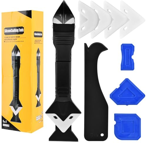 Silicone Caulking Tool, 3 in 1 Caulking Remover Glazing Compound Finishing Tool with 5 Replacement Silicone Scraper Pads, Grout Scraper Kit for Bathroom, Kitchen, Floor, Window, Sink Joint