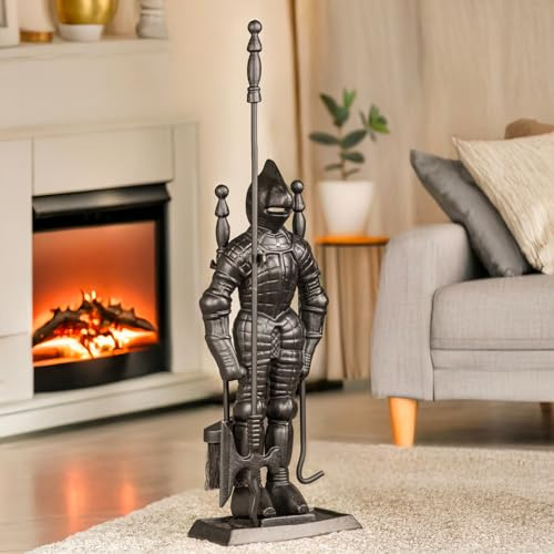 Marco Paul 5pc Knight Fireside Companion Set Heavy Duty Steel Companion Sets For Log Burners Fireplaces Hard Wearing Black Fire Poker Set Fireplace Tool Sets Long Lasting Fireplace Accessories