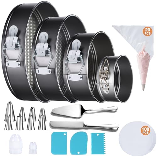 Gymdin Moule à Manqué Rond - Antiadhésif, 4 Pièces Ensemble de moules à gâteaux à base amovible(11/18/23/26 cm) + papier sulfurisé, poche à douille et douilles, spatule, set pour découper les gâteaux