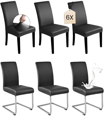 Dmyifan Stuhlhussen 6er Set Schwarz PU Leder – Elastische & wasserdichte Stuhlbezüge, Waschbar & Abnehmbar – Universell für Esszimmer, Küche, Restaurant, Hotel & Hochzeit