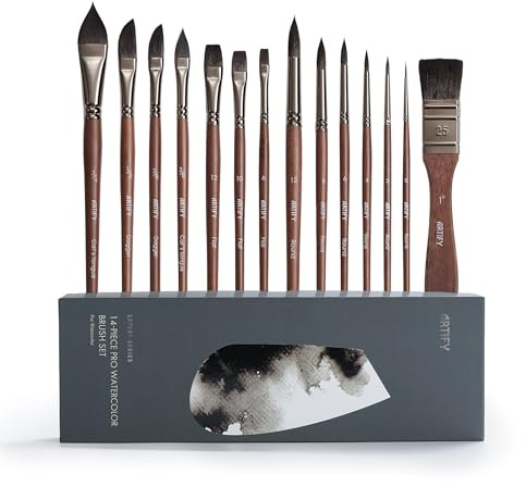 ARTIFY Set de 14 Pinceles para Acuarela Profesionales, Mezcla de Pelo de Ardilla, Alta Absorción de Agua y Resorte Equilibrado,Redondos/Planos/Espadas y Lengua de Gato, para Acuarela y Gouache