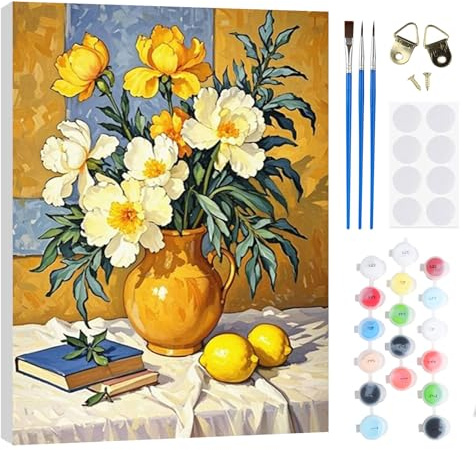 RICUVED Jarrón de flores Pintura por Números para Adultos y Niños 20x30cm -Flores Kit DIY con Marco de Madera, Pinturas al Óleo, Pinceles y Bandas Magnéticas para Decorar Tu Casa