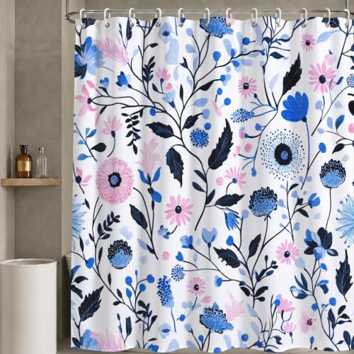 Duschdraperi 150 x 200 cm blå, duschdraperier tvättbar textil polyestertyg med 12 öljetter och duschdraperiringar för badkar gardin, vattentätt duschdraperi med vikt nedtill (vilda blommor) W-P433
