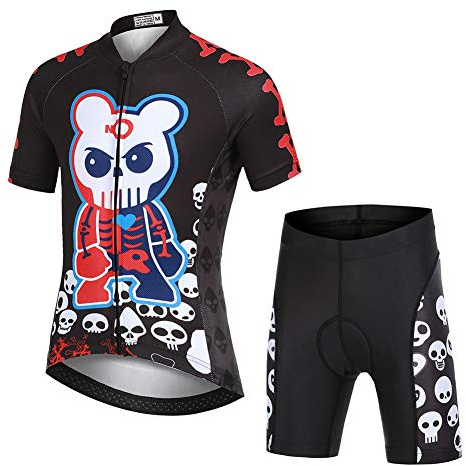 LPATTERN Kinder Radsport Bekleidung- Jungen/Mädchen Fahrrad Trikot-Set(Trikot Kurzarm+Kurz Radhose)/Radtrikot Kurzarm/Kurz Fahrradhose mit Sitzpolster,Weiß Skelett auf Schwarz(Anzug),110/116(Tag:S)