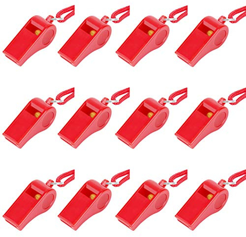 12PCS Red Emergency Whistle with Lanyard, Super Loud Plastic Whistles Bulk Perfect for Self-Defense, Lifeguard and Emergencies