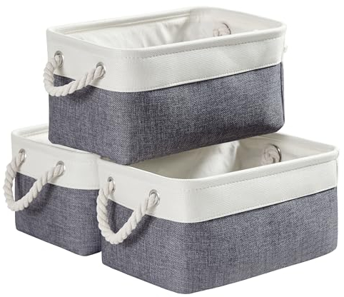 Mangata 3 Stück aufbewahrungskorb Stoff, Faltbare aufbewahrungsbox Schrank, Korb aufbewahrung Stoff mit Seil für Spielzeug, kleiderschrank, Regale, Kleidung (kaltes graues Weiß, Mittel)