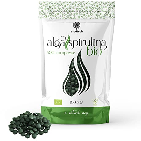 ERBOTECH Spirulina BIO in Compresse, Confezione da 100g, circa 400 Capsule, Alga 100% Biologica, Pura e Vegana, Fonte di Energia, Ricca di Proteine, Vitamine, Magnesio