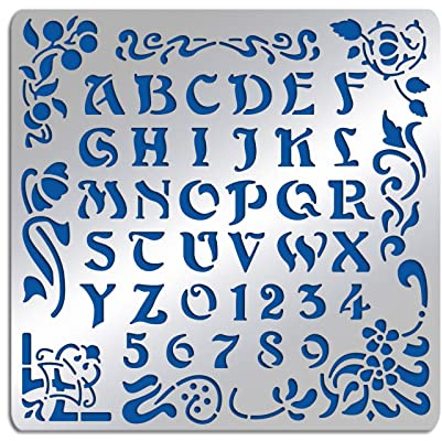 BENECREAT Matta, konstnärliga metallbokstäver, schabloner, alfabet, siffror, siffror, vinstockar, stencil, mall för målning, träbränning, gravering, scrapbooking, 15,6 x 15,6 cm