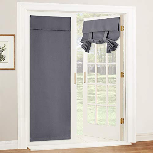 PONY DANCE Blackout Door Curtains Sticker Thermal Insulated French Door Blinds Privacy Room Darkening Curtains No Drilling Portable Tie Up Shades Window, 26x69-Inch, Grey, 1 PC