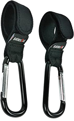 Babies1st Kinderwagen Haken, Kinderwagenhaken, Karabiner Kinderwagen Befestigung für Wickelrucksack 2er Pack, Schwarz
