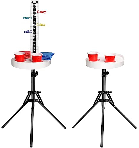 AUGVO 2 Sets Cornhole Scoreboard with Drink Holders, Adjustable Foldable Tripod Stand with Magnetic Markers for Backyard, Outdoor Games