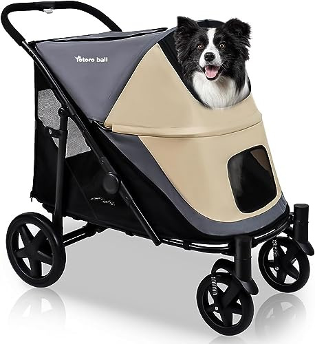 Totoro Ball One-Click Folding Dog Stroller for 2 Dogs - 4 Wheel Jogger with Storage Pocket - Suitable for Pets Up to 110LBS (Beige & Grey)