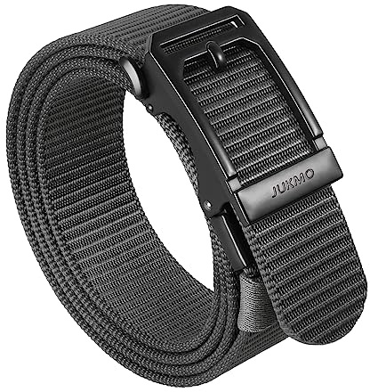 JUKMO Men's Ratchet Tactical Belt, 1.5 Nylon Web Work Belt with Automatic Slide Buckle, Adjustable Trim to Fit (Grey, Small)