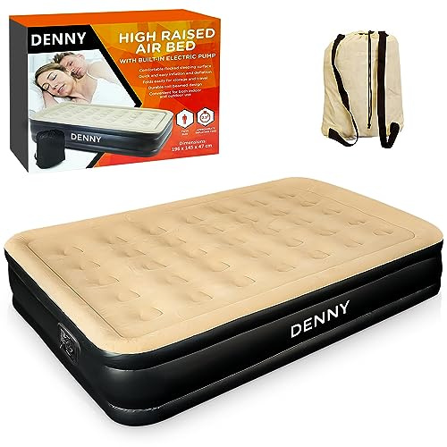 DENNY Double High Raised Airbed Inflatable Mattress, Waterproof Camping Mattress Air Bed, Quick Inflatable Air Mattress for Adults & Kids, Blow Up Mattress Air Bed with Built-In Electric Pump