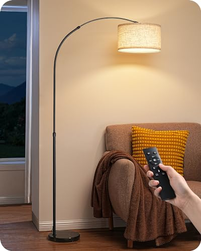 EDISHINE Dimmbar Bogenlampe Wohnzimmer, E27 Stehlampe mit LED-Glühbirne & Fernbedienung, Standleuchte Stufenlos dimmbar & Farbtemperature, 143-176cm Höhenverstellbar, drehbarer Lampenkopf