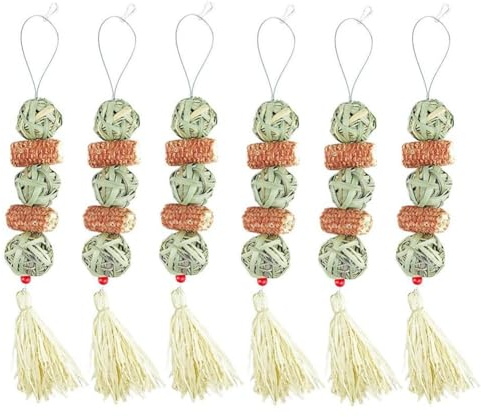Fegtrtyoa 6 Piezas Bola de Paja Natural Cuerda Colgante Molares de Conejo para Mascotas Juguetes para Aliviar el Aburrimiento Accesorios para HáMster Productos para Mascotas
