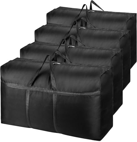 4 Pack 180L Extra Large Heavy Duty Storage Boxes with Lids for Moving House Big Clothes Storage Bags Boxes with Zipper Handles Strong 600D Oxford Cloth (black)