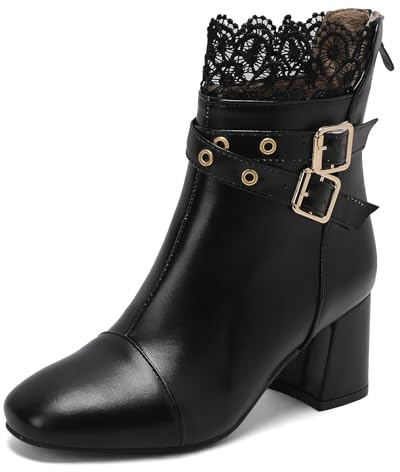 Lizoleor Sweet Dentelle Fleur Bloc Bout Carré Femmes Bottillons Back Fermeture Éclairpées Boucle Lolita Talons Hauts Lovely Chelsea Bottillons Noir Taille 35 Eu