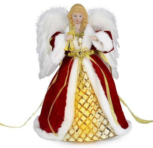 Puntale per Albero di Natale con Angelo, Statuetta con Angelo di Natale, Decorazione Natalizia per Interni con Ali di Piume, 12,6 Pollici(Angelo Rosso)