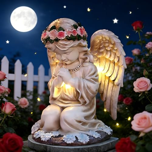 HOVCEH Luce Solare con Angelo Della Preghiera, 20.5cm Statue da Giardino di Angeli Solari, IP44 Impermeabile Figura di Angelo Fata a LED per Decorazione del Giardino con Balcone Giardino Esterno