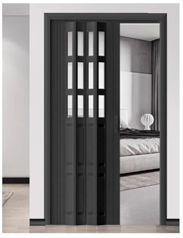 Porte Pliante En Aluminium Avec Poignée, Porte Pliante Coulissante Intérieure Sans Rail Inférieur, Porte Pliante En PVC Avec Matériel De Montage For Salle De Bain, Chambre Et Couloir(Black,52x80in(132