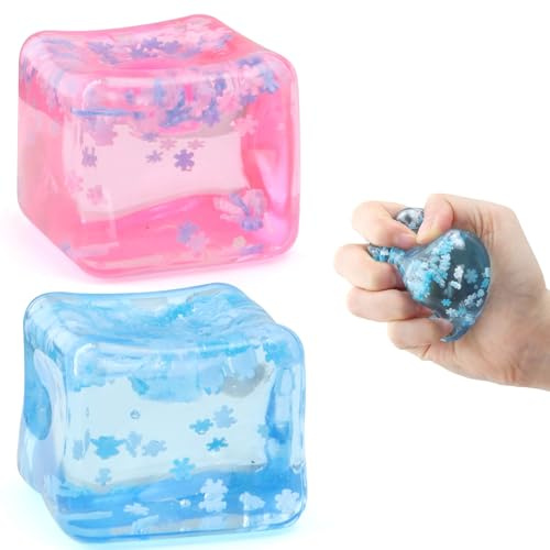 Chridark Ice Cube Fidget Toys for Adults Kids: 2 Pcs Sensory Squishy Fidget Toys Square Stress Balls Gifts for All Ages Adults Kids Teens Presents Anxiety Relief Stress Cube (Blue+Pink)