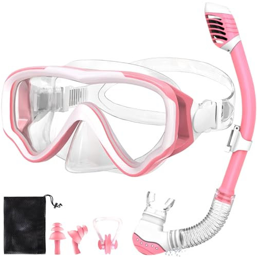 NLMWTI Schnorchelset Kinder, Taucherbrille Kinder mit 180° Panorama HD Sicht, Anti-Nebel & Anti-Leckage, Strapazierfähiges Sicherheitsglas, Verstellbare Seitenbänder (Transparent/Rosa)