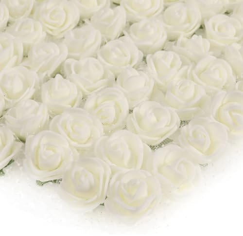 Bangbobi Rose Artificiali Bianche, 144 Pezzi Mini Rose di Schiuma Rose Artificiali per Decorazione Fai da Te - Teste di Fiori da 2,5 cm Artigianato Festa di Nozze San Valentino Festival