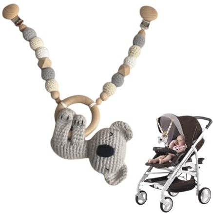 Srcasy Stroller Toy, 44 x 7 cm Chain for Strollers with Crochet Hook, Pram Chain Wood and Cotton Processed Crochet Hook, Pram Chain for Wooden and Cotton Crochet