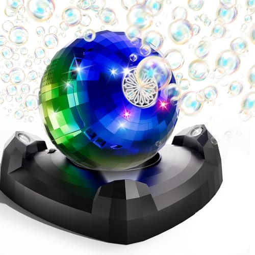 BLmukce Disco Ball bubbelmaskin med roterande LED-lampor, små bubblor automatisk blåsblåsare för barn småbarn fester