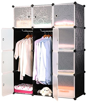 HENGMEI Armario con sistema de estanterías, 12 cajas, zapatero, sistema de almacenamiento con puerta (negro)