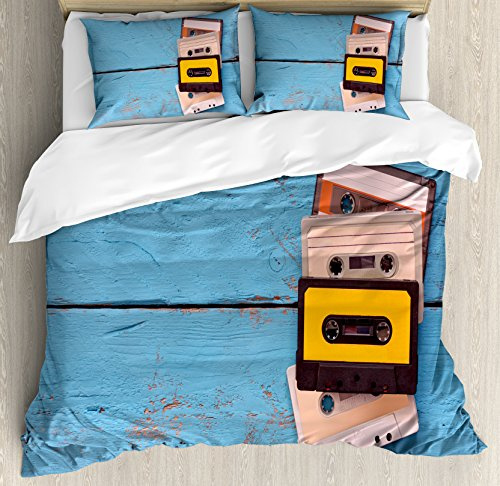 Ambesonne Indie Duvet Cover Set, Vintage Cassette Tapes on Aqua Wooden Table Close up Photo Retro Music Retro, Decorative 3 Piece Bedding Set with 2 Pillow Shams, King Size, Multicolor