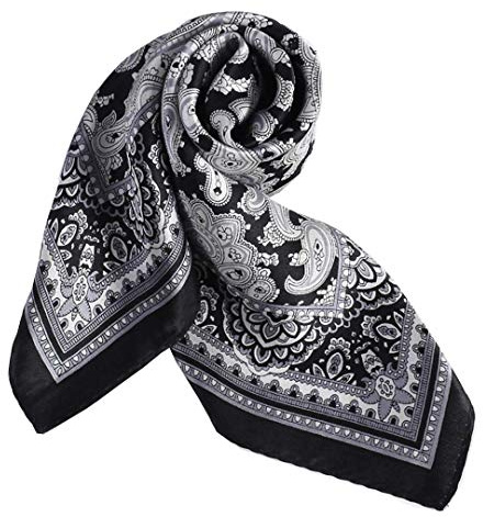 ANDANTINO 100% Pure Mulberry Silk Scarf -21” Lightweight Small Square Neckerchief – Breathable Digital Printed Scarves with Gift Packed (Black&White Paisley)