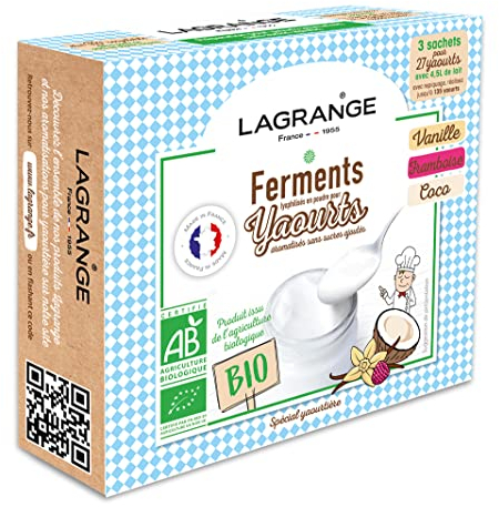 LAGRANGE Ferments yaourt aromatisés BIO, Fabrication française, 3 sachets aromatisées (1 Vanille / 1 Framboise /1 Noix de coco) de 12g chacun, 1 sachet de ferment pour 1.5L de lait, 385004