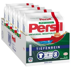 Persil Universal Megaperls (5 x 16 Waschladungen), Vollwaschmittel mit Tiefenrein Technologie, Waschmittel für reine Wäsche & hygienische Frische für die Maschine, 20 °C bis 95 °C