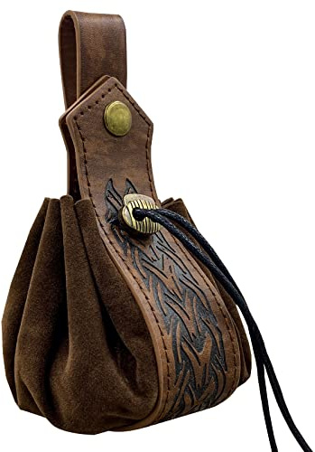 HiiFeuer Medieval Faux Leather Drawstring Pouch, Retro Nordic Portable Coin Purse, Vintage Belt Pouch Dice Bag for LARP Ren Faire(Brown B)
