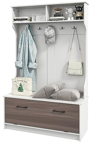 GIANTEX Perchero con Armario de Zapatos, Perchero con Banco de Almacenamiento, 5 Ganchos y 2 Compartimentos Abiertos, Mueble de Entrada de Mdera, 100x40x160 cm, para Pasillo, Salón (Blanco)