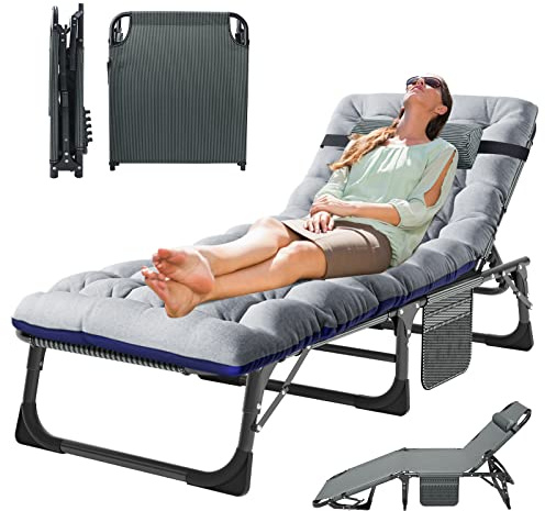 Meulbaty Folding Lounger – 200kg Weight Capacity, Foldable Guest Bed with Mattress, Side Pockets, Adjustable Headrest, and Backrest – Ideal for Office, Patio, Garden, Camping, and Sunbathing (Grey)