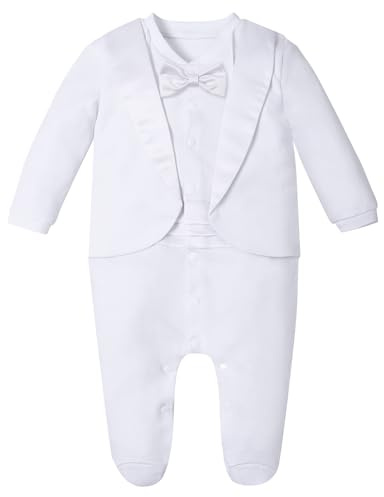 A&J DESIGN Baby Baptism Outfit Boy Infant Tuxedo Christening Dedication Gentleman Wedding Formal Footie Clothes White 0-3 Months
