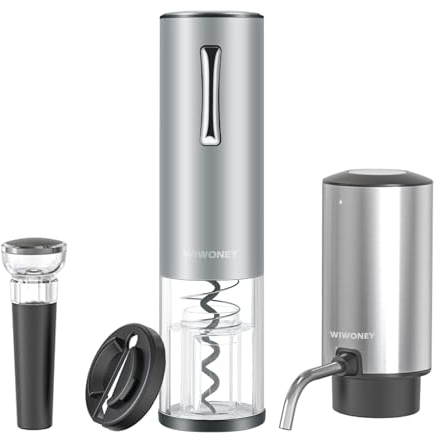 WIWONEY Apribottiglie Elettrico Set 4 in 1 con Cavatappi Ricaricabile, Aeratore Elettrico per Vino, Tagliacapsule e Tappo Vino Sottovuoto, Regali per gli Amanti del Vino, Argento