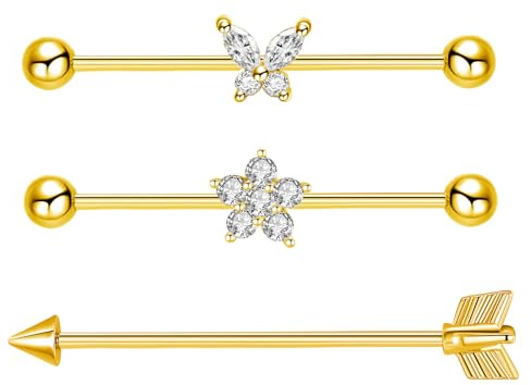 Besyvvin 3 Piezas Industrial Piercing De Oro Industrial Piercing Barras De Acero Inoxidable 14G 38MM Ear Piercing Joyas