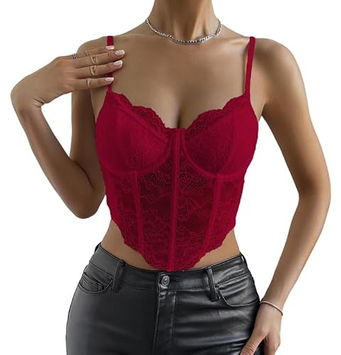 Haibang Damtoppar med spets linne dam sommar sexig smal passform korsett med smala axelband ärmlös crop top justerbar V-ringad linne elegant undertröja bodycon bustier klubbkläder, Vinröd, L